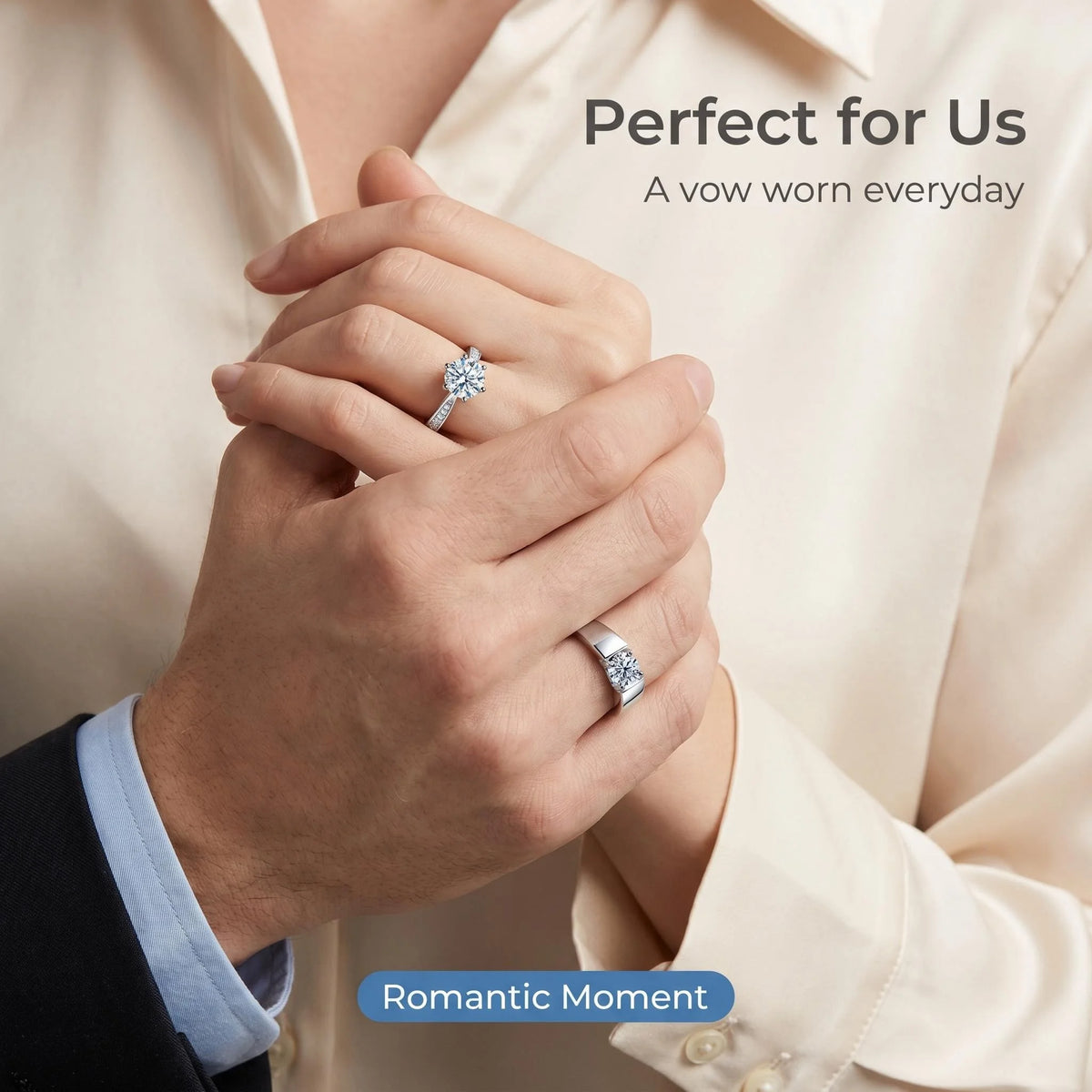 Sterling silver couple's ring with 0.5ct moissanite D VVS for women, featuring a 5mm gemstone and elegant design.