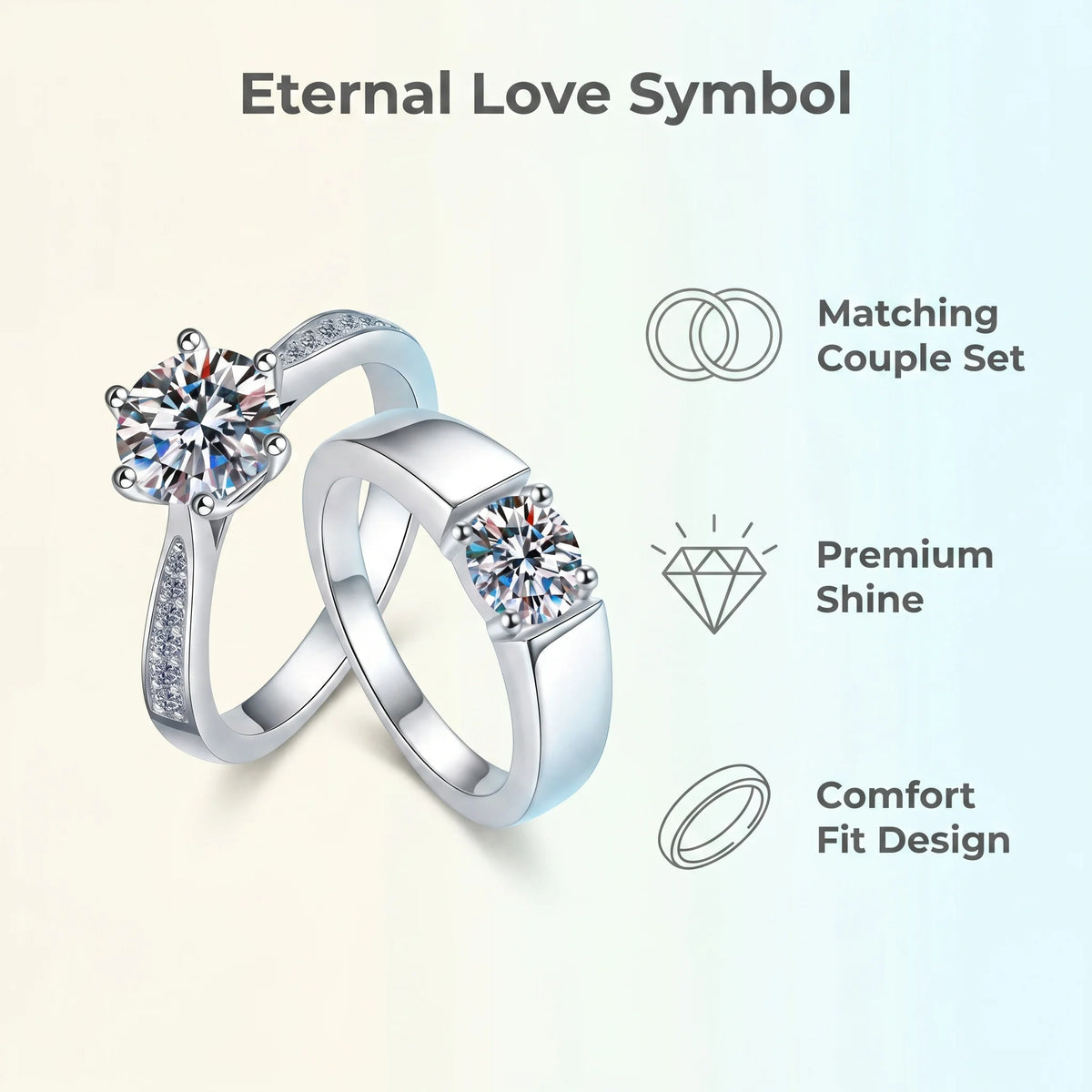 Sterling silver couple's ring with 0.5ct moissanite D VVS clarity, 5mm gemstone, elegant design for romantic wear.