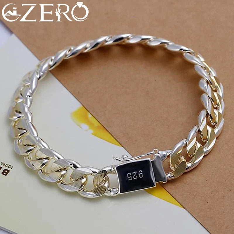 Solid 925 sterling silver chain bracelet with 8/10mm links, featuring a sleek, polished design, perfect for everyday wear.