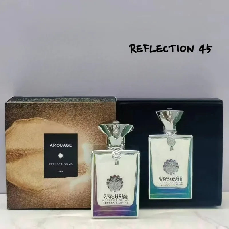 Amouage Reflection 45 XIV men's perfume in a 100ml bottle, elegant glass packaging with a silver cap.