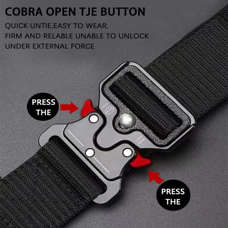 Black tactical belt by Paul Hueman, unisex military-style accessory, 120cm adjustable nylon strap with metal buckle.