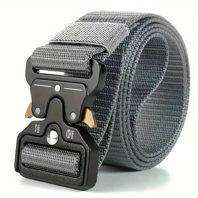 Black tactical belt by Paul Hueman, unisex design, 120cm length, durable accessories for outdoor and tactical use.