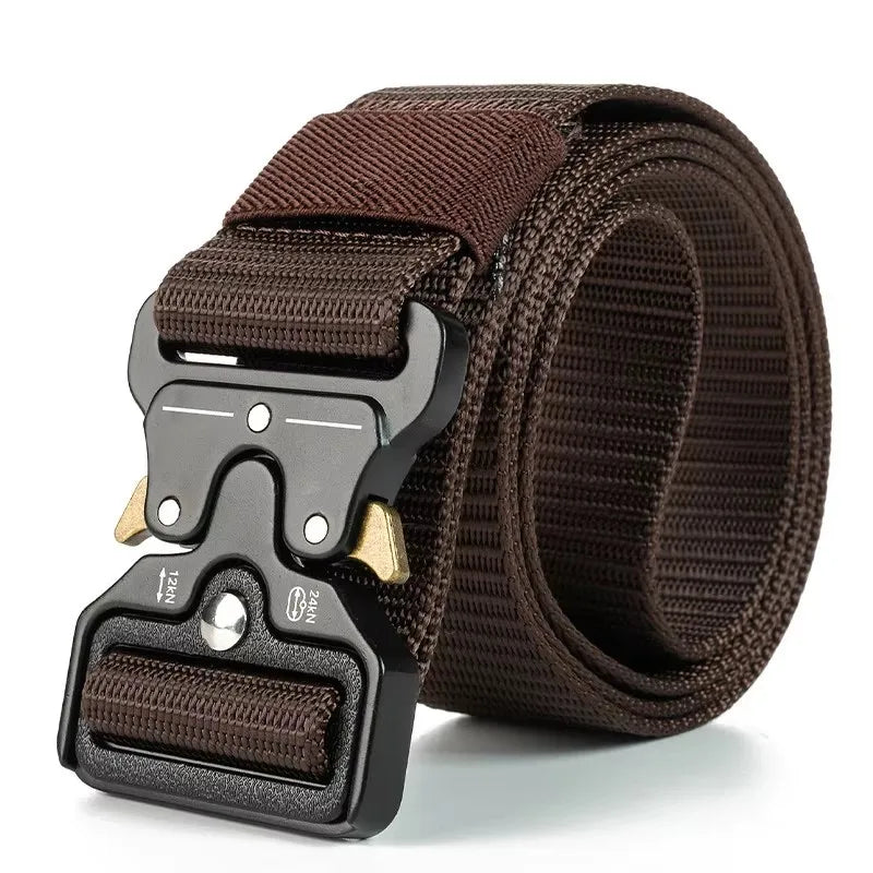 Black tactical belt by Paul Hueman, unisex accessory, adjustable 120cm, durable nylon strap with metal buckle, military style.