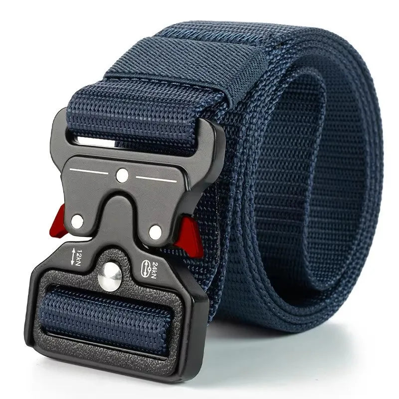 Black tactical belt by Paul Hueman for unisex use, 120cm, featuring durable strap and sturdy buckle for outdoor and tactical wear.