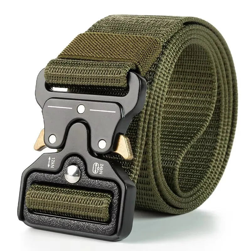 Black tactical belt by Paul Hueman, unisex accessory, 120cm, sturdy nylon strap with metal buckle, ideal for outdoor and tactical use.