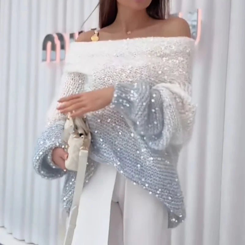 White long-sleeve sequin sweater with gradient design for women, from Corporación Turística.