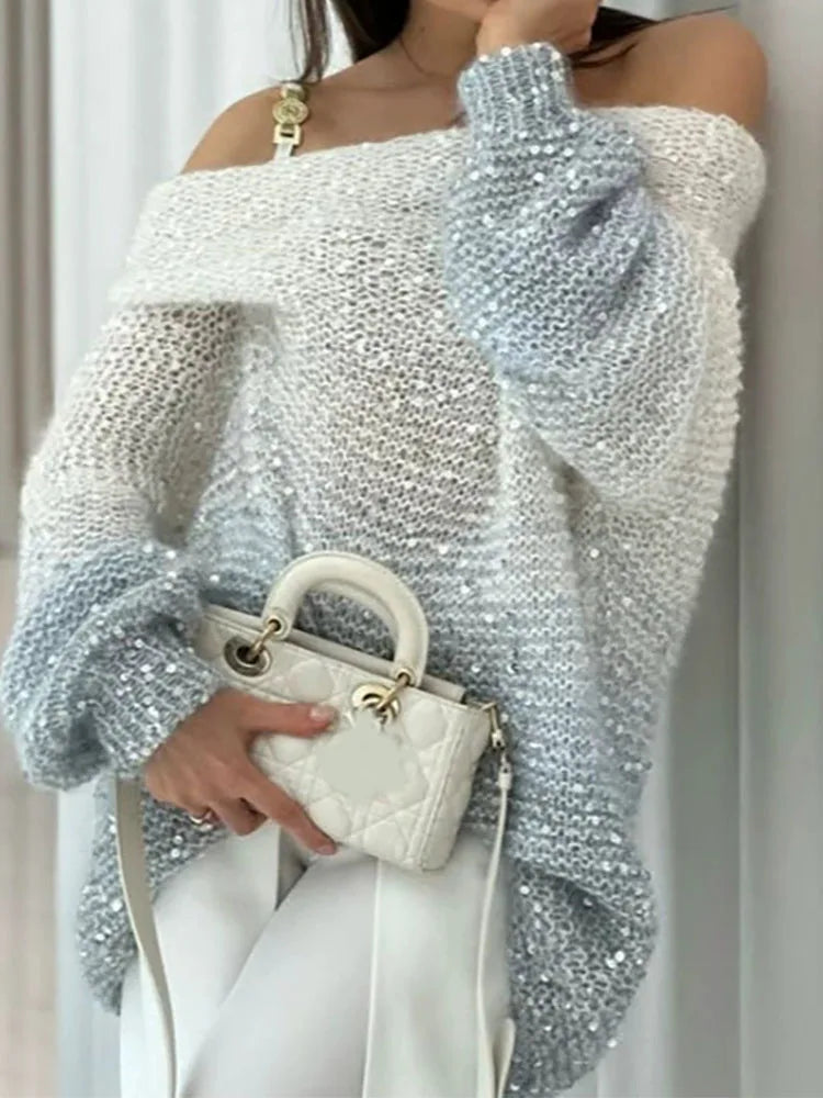 White long-sleeve sequin-decorated sweater for women, featuring a gradient design, by Corporación Turística.