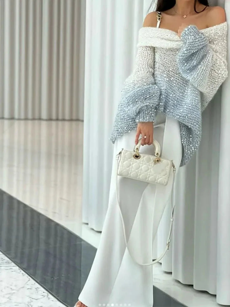Long sleeve sweater with gradient sequins in white, designed for women, by Corporación Turística.