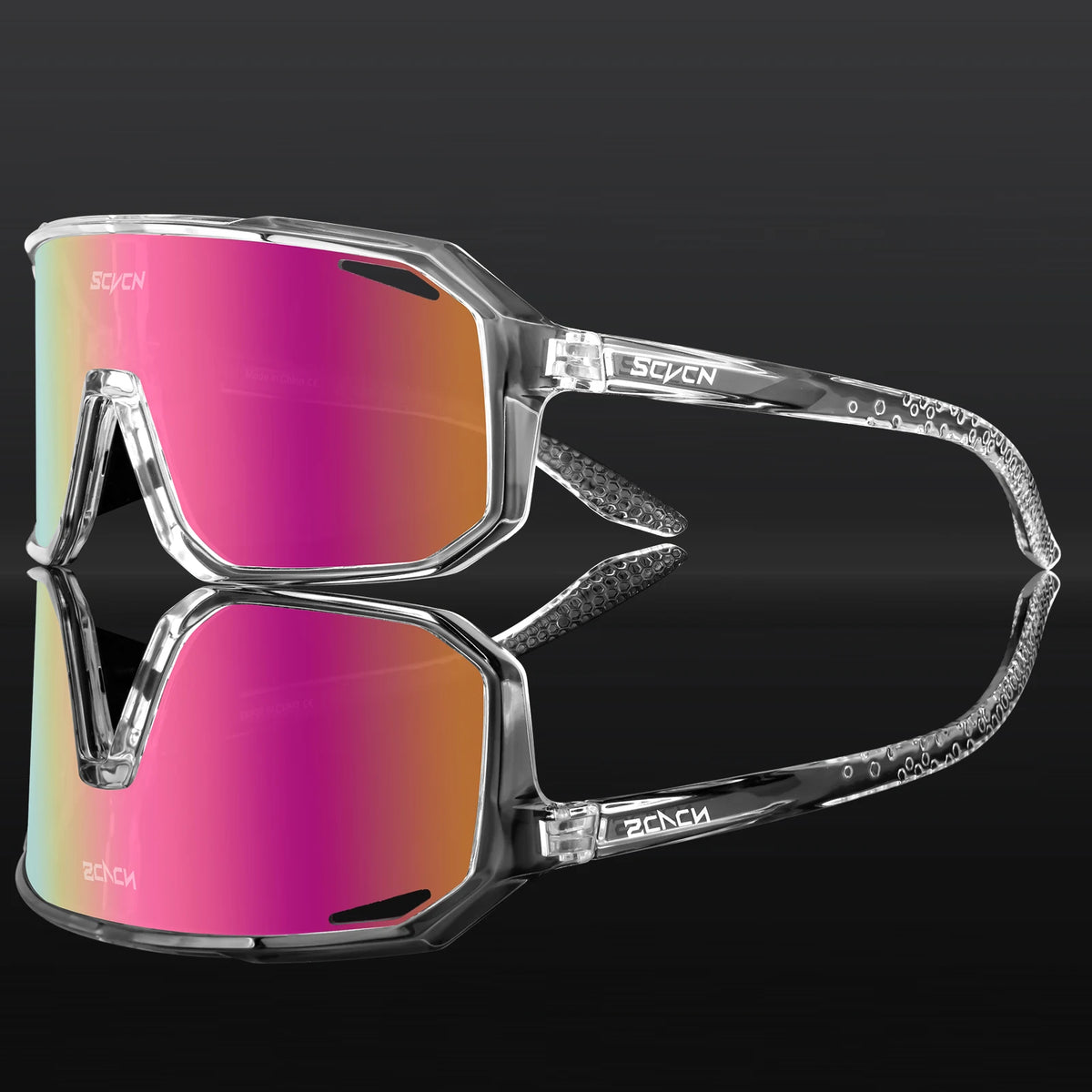 UV400 cycling sunglasses by Corporación Turística with black frames and mirrored lenses for outdoor running, hiking, and MTB riding.