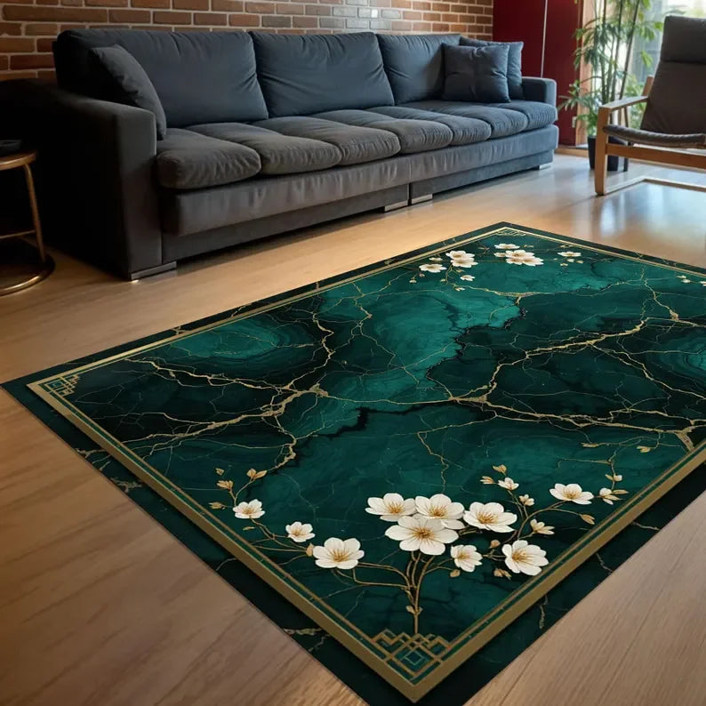 Marble-patterned abstract gold rug by Corporación Turística, rectangular with elegant marble and gold design for modern decor.