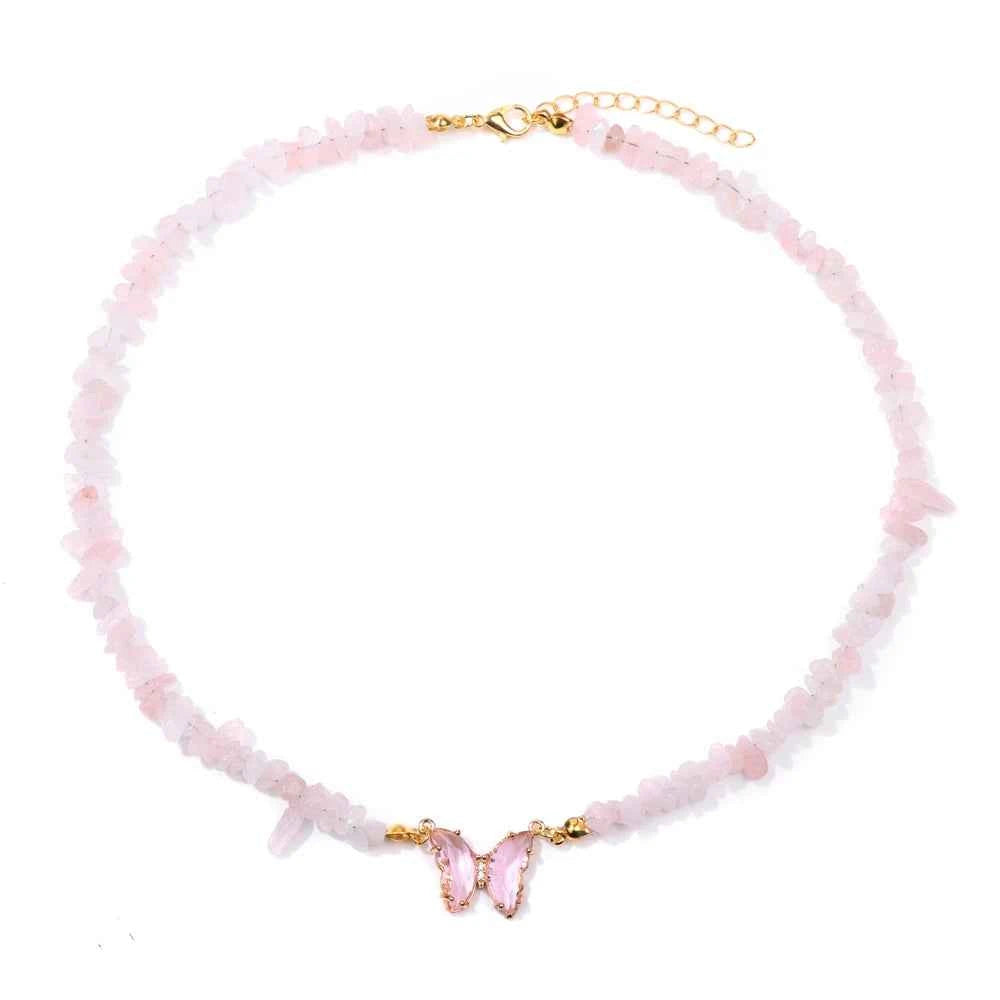 Fashion butterfly crystal necklace with purple amethyst beads, stylish jewelry piece from Corporación Turística.