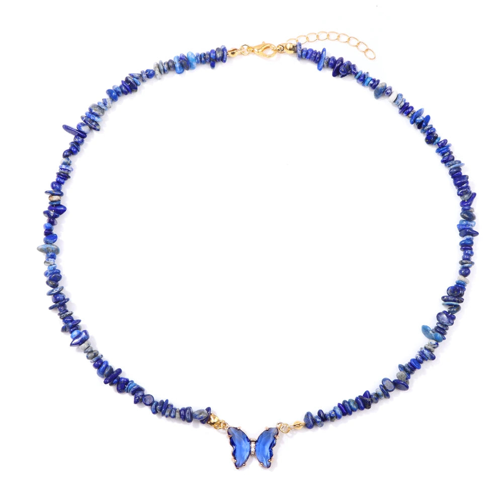 Fashion butterfly crystal necklace with purple amethyst and aquamarine stones, featuring a stylish design and vibrant colors.