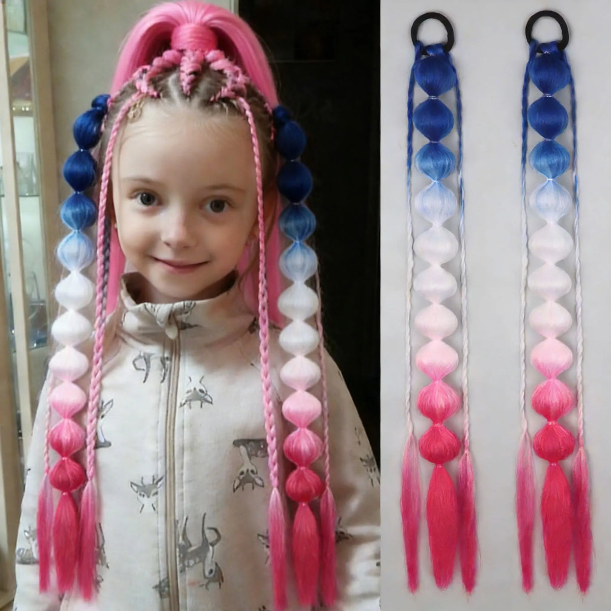 Synthetic bubble ponytail extensions in black, displayed with shiny, smooth hair strands for a stylish hair accessory look.