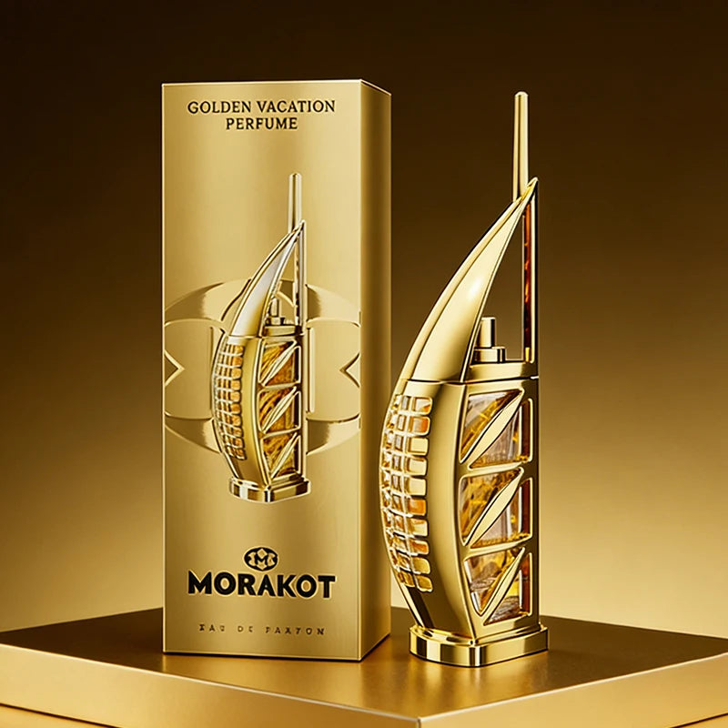 Unisex MORAKOT Golden Vacation perfume bottle by Corporación Turística, featuring a sleek design and golden accents.