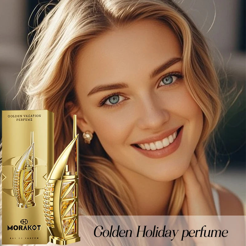 Unisex Morakot Golden Vacation perfume bottle by Corporación Turística with elegant gold design and long-lasting scent.