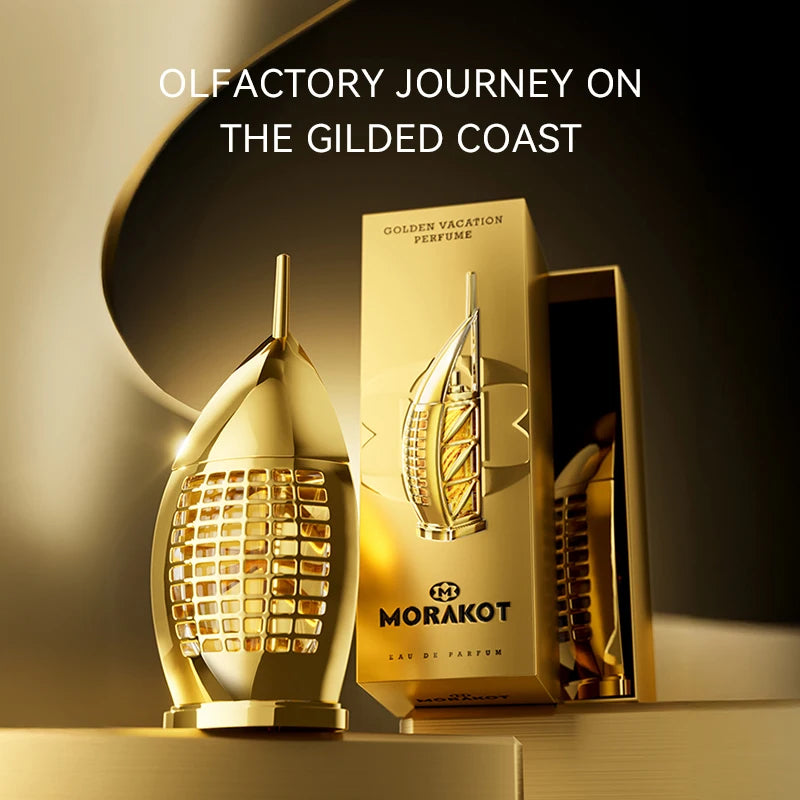 Unisex Morakot Golden Vacation perfume bottle by Corporación Turística with elegant gold design and clear fragrance label.