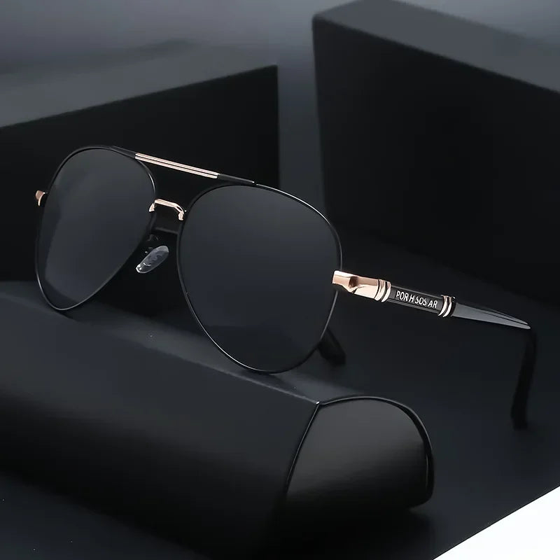 Polarized metal frame sunglasses for men with sleek design, offering UV protection and stylish sunwear by Corporación Turística.