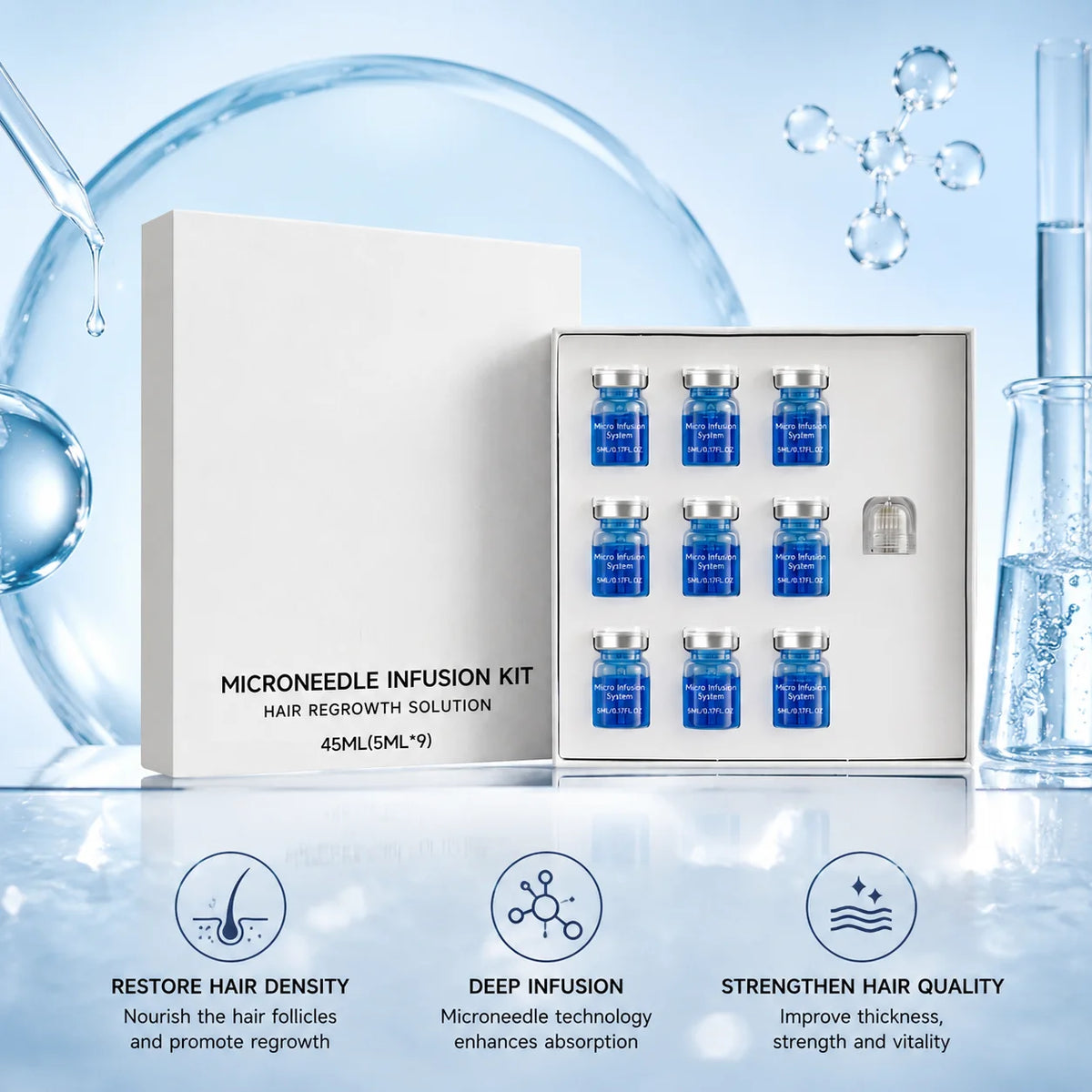 Microagujas para crecimiento del cabello en kit de Corporación Turística, con varias microagujas y soluciones para estimular el cabello.