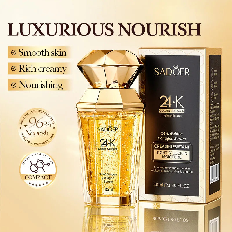 SADOER 24K gold collagen serum for face by Corporación Turística, featuring a sleek bottle with golden accents for skin hydration.