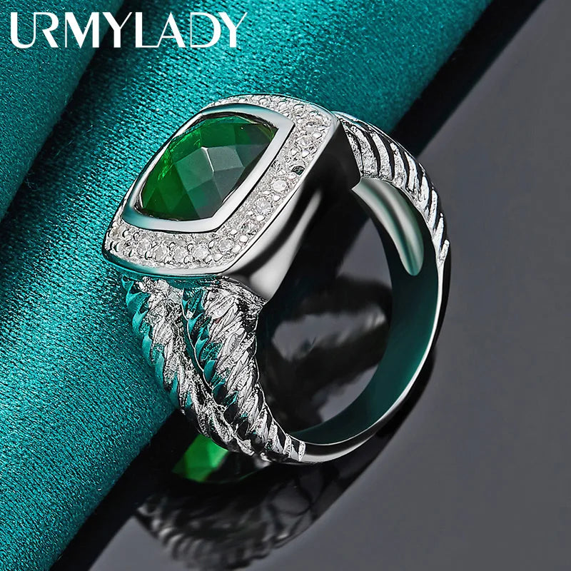 Sterling silver URMYLADY green cubic zirconia square ring, size 7-10, featuring a polished band and vibrant gemstone setting.