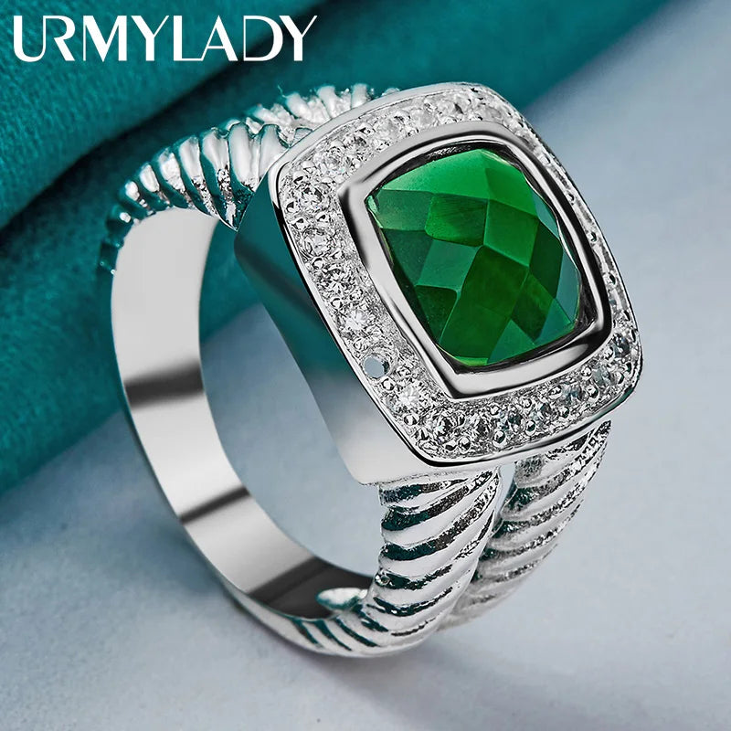 Sterling silver 925 ring with green cubic zirconia in a square setting, designed by URMYLADY for elegant jewelry style.