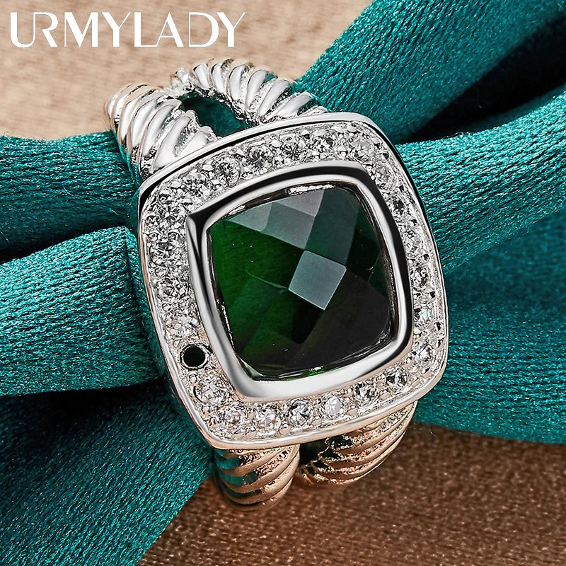 Sterling silver URMYLADY ring with green cubic zirconia in a square shape, size 7-10, featuring intricate design details.