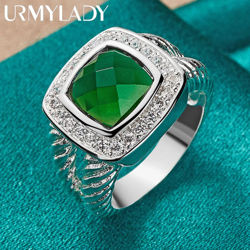 Sterling silver URMYLADY ring with square green CZ gemstone, size 7-10, featuring detailed craftsmanship and vibrant color.