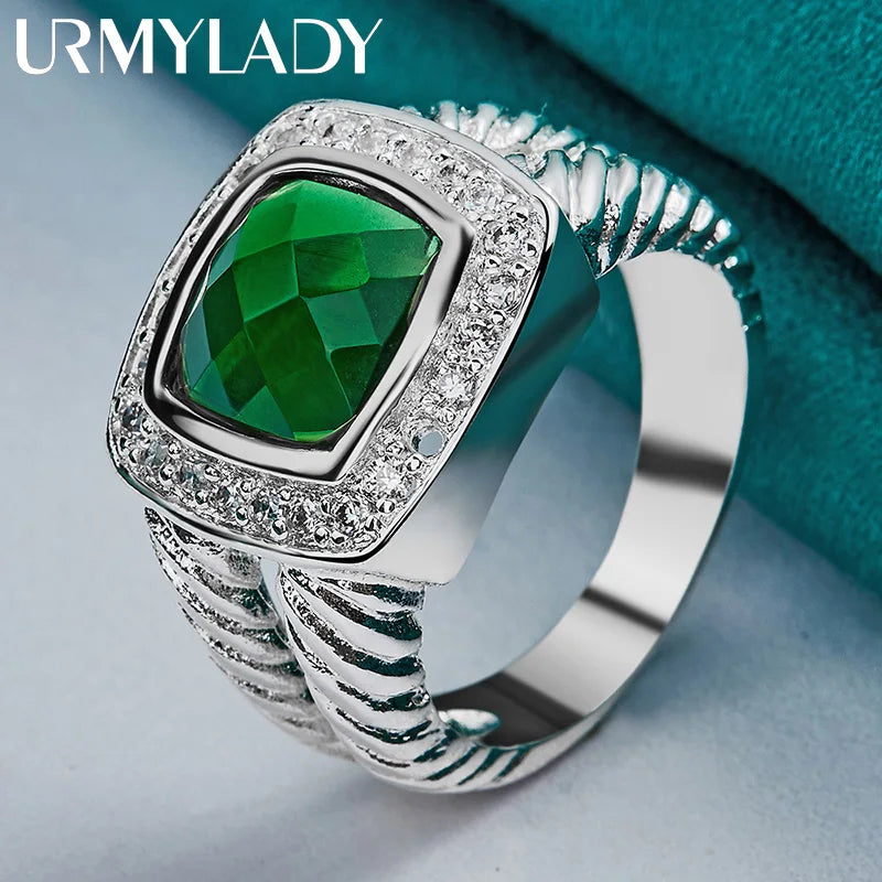 Sterling silver URMYLADY green cubic zirconia square ring, size 7-10, featuring a polished band and vibrant gemstone.
