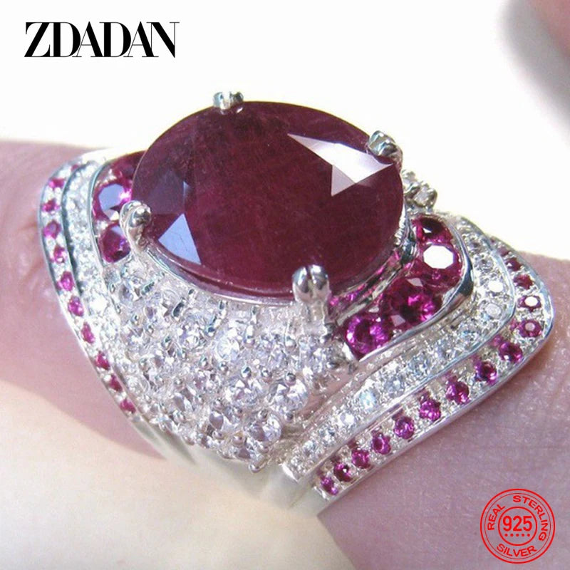 Sterling silver 925 women’s ring with a ruby gemstone, featuring a detailed band design.