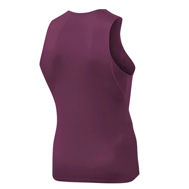 Blue sleeveless compression T-shirt from Corporación Turística, made of quick-drying fabric, designed for active sports and workouts.