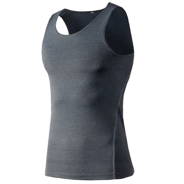 Blue sleeveless compression T-shirt by Corporación Turística, quick-drying fabric, fitted for athletic or casual wear.