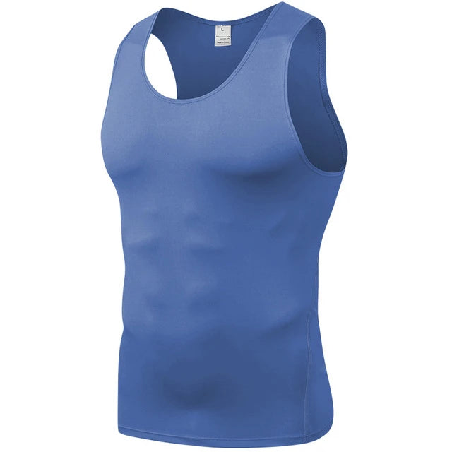 Blue sleeveless compression quick-dry shirt from Corporación Turística, designed for athletic or active wear.