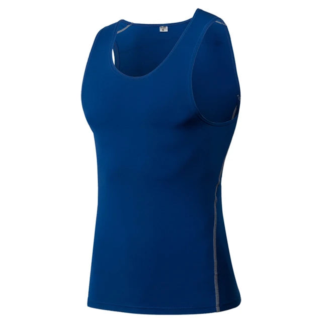 Blue sleeveless compression t-shirt from Corporación Turística with quick-dry fabric, suitable for athletic or casual wear.