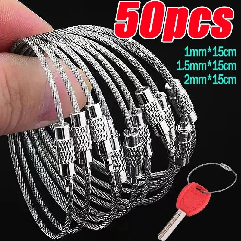 Set of 10 silver metal keychain cords with steel cable for tags, 2mm x 15cm, by Corporación Turística.