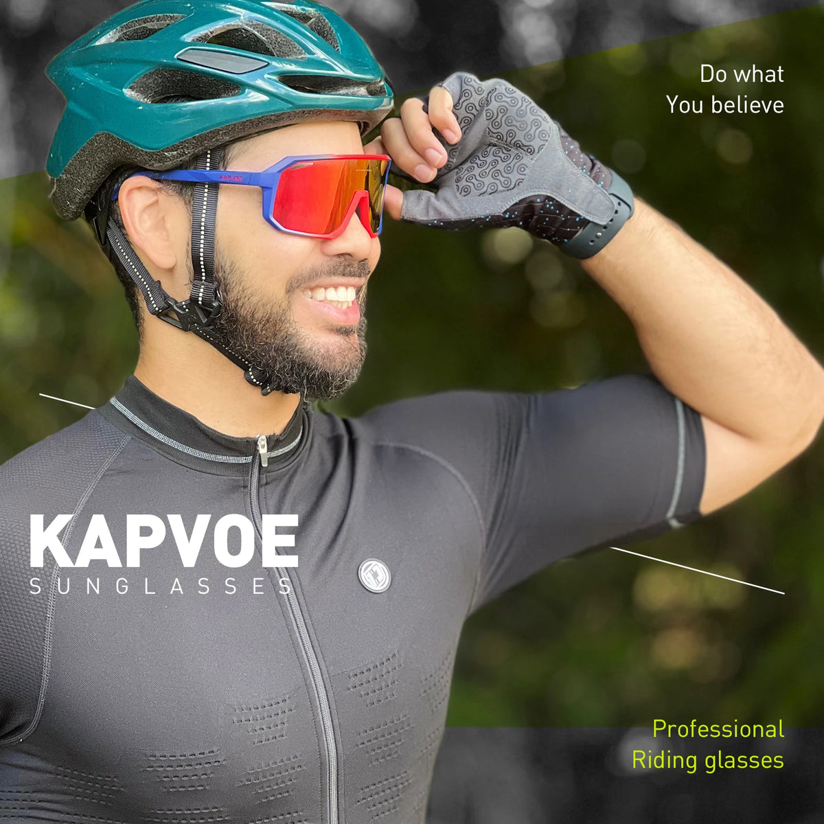 Kapvoe photochromic MTB cycling sunglasses with black frame and tinted lenses, designed for mountain biking.