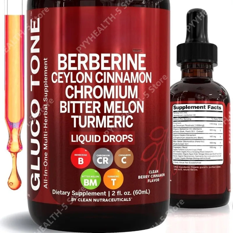 Two 120ml bottles of liquid Berberina with Ceylon cinnamon supplement from Corporación Turística, showing the bottles with labels.