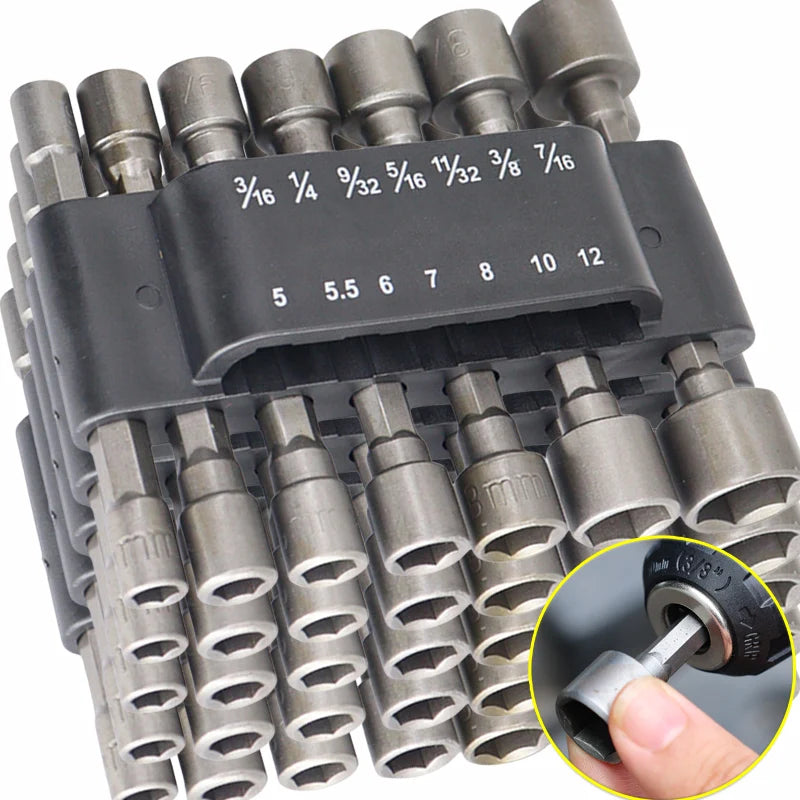 Set of 9 or 14 hexagonal drill bits for power drills by Corporación Turística, featuring various sizes for versatile drilling tasks.