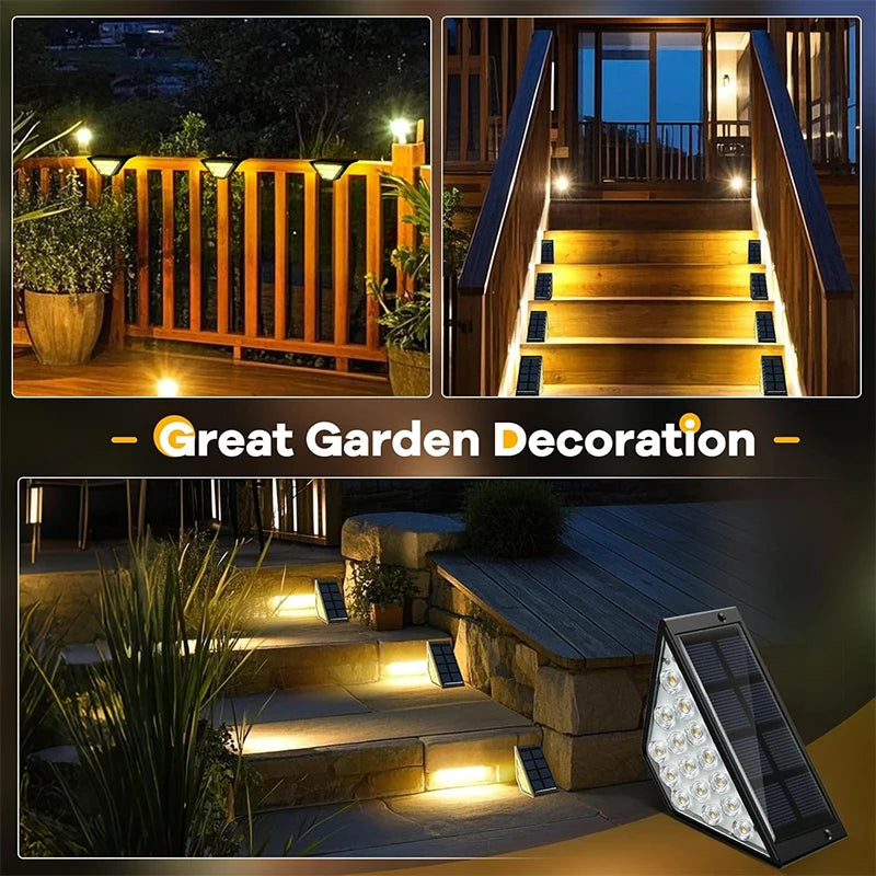 Set of two outdoor solar stair lights with warm white 3000K LED bulbs, ideal for illuminating exterior stairs.
