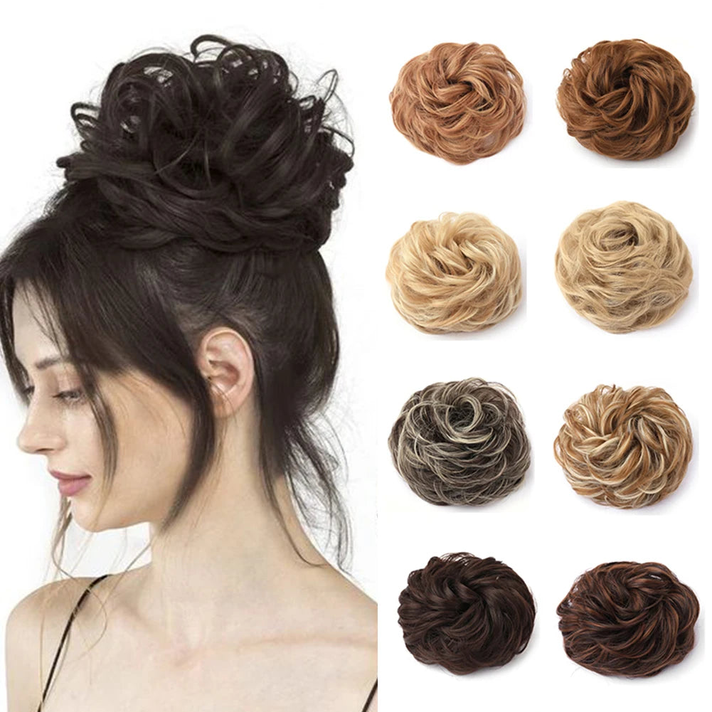 Big messy bun hairstyle with wavy, curly hair piece showcasing a large, tousled hair accessory from Corporación Turística.
