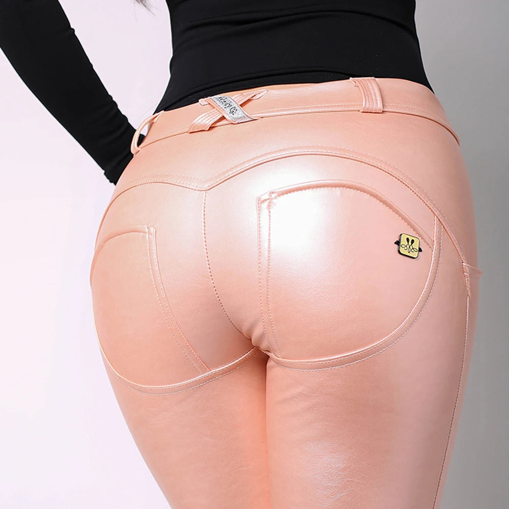 Pink leather pants for women from Melody Wear, featuring a slim fit and stylish design, shown on a model.