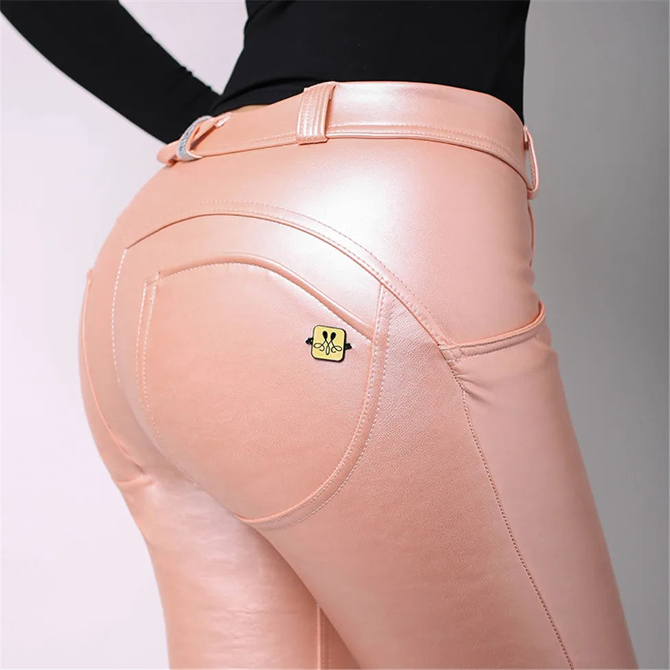 Pink leather pants for women by Melody Wear, featuring a sleek fit and stylish design, worn by a model in a casual setting.
