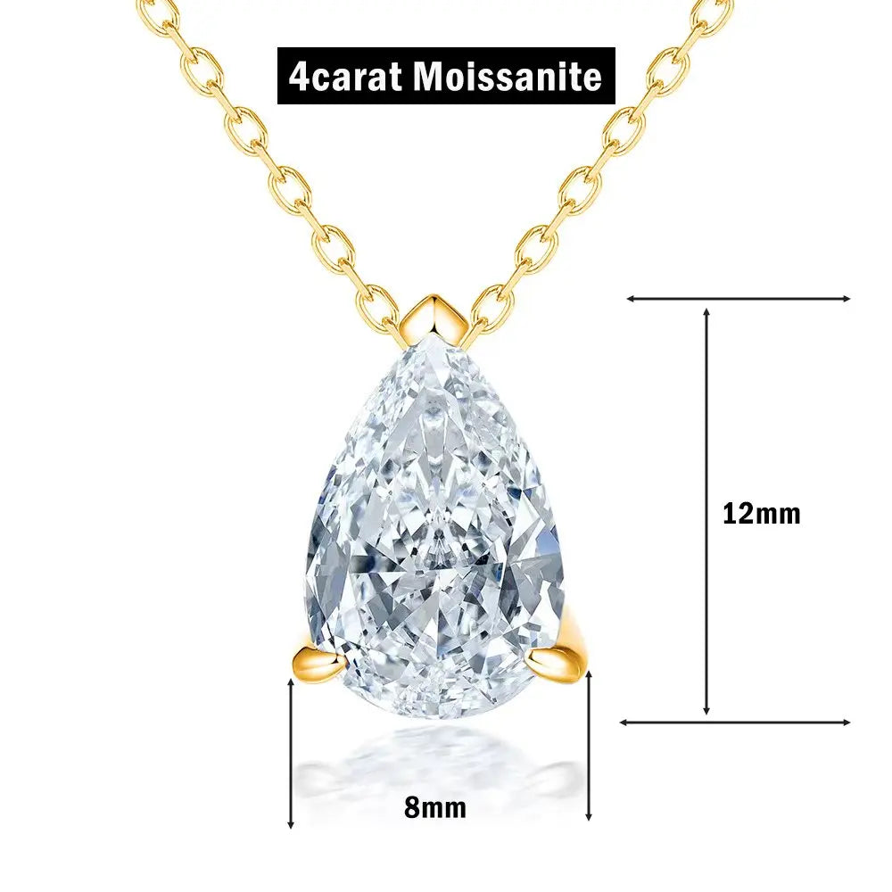 Silver moissanite pendant necklace with teardrop-shaped gemstone, elegant jewelry piece showcasing sparkling brilliance.