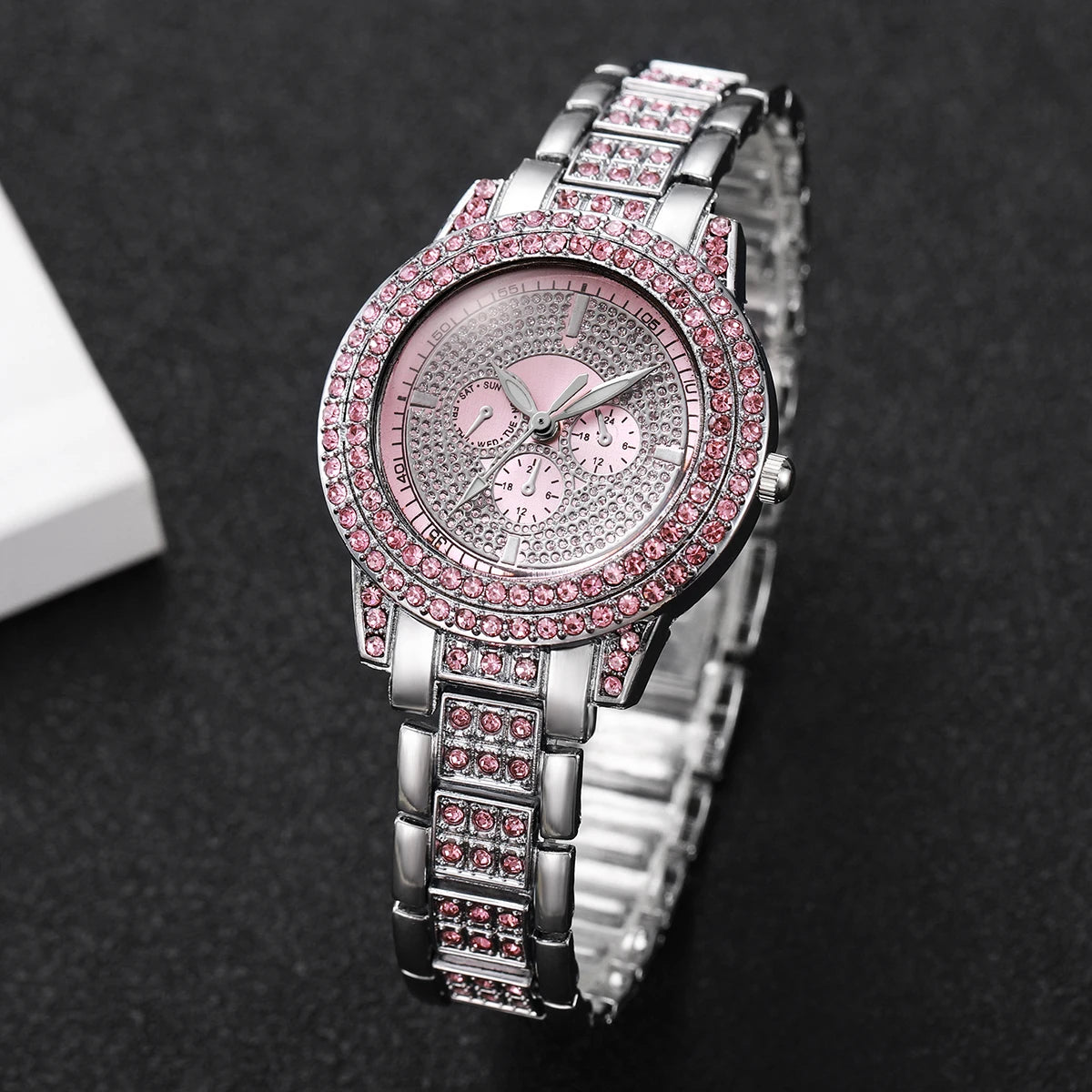 Luxury pink imitation diamond watch for women with a sleek design, featuring a stylish face and elegant band.