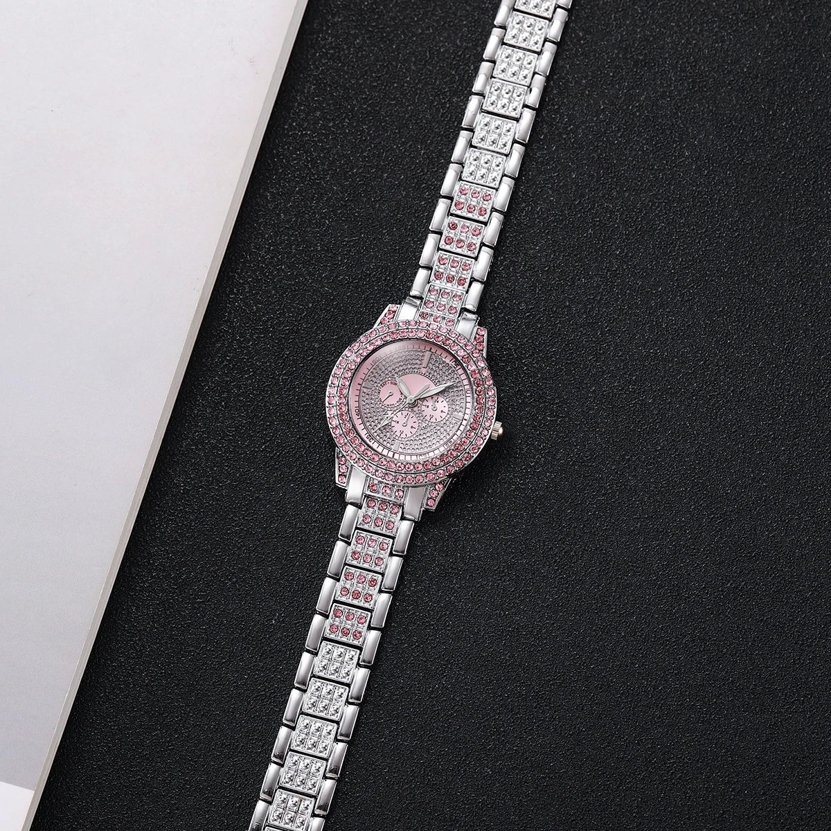 Luxury pink imitation diamond watch for women, 1/3 piece set, featuring a stylish design and sparkling accents.