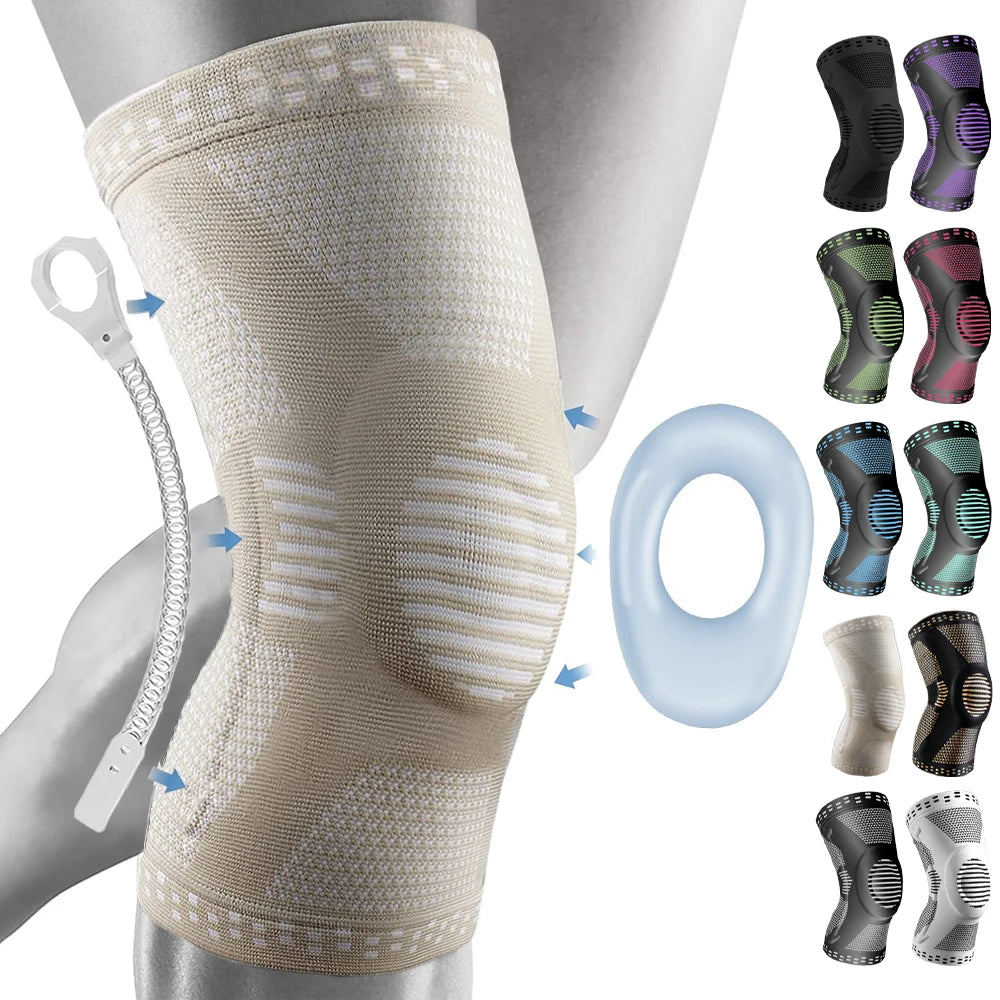 Beige XL sports compression knee brace with patella support designed for athletic knee protection and stability.