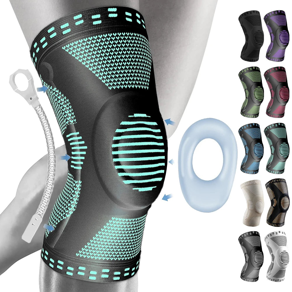Beige sports compression knee brace with patella protector, designed for athletic support and knee stability.