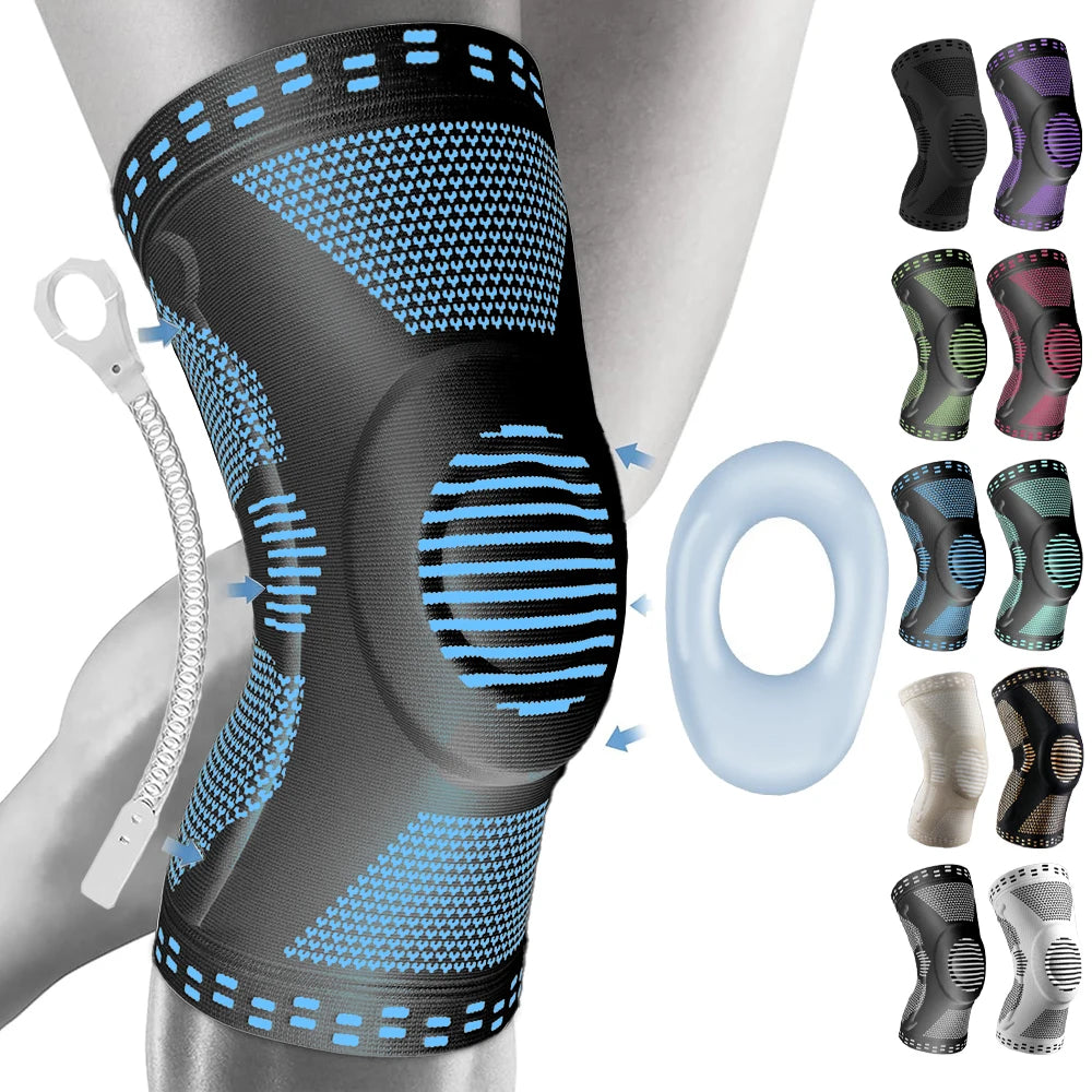 Beige sports compression knee brace with patella support from Corporación Turística, designed for athletic knee protection.