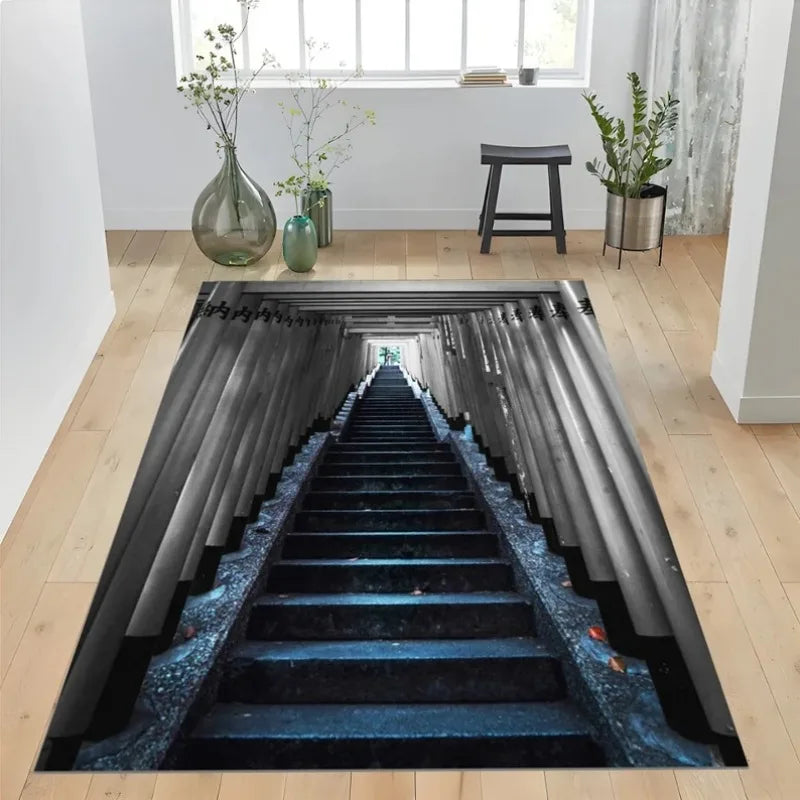 3D optical illusion abyss rug by Corporación Turística, washable, with infinite depth design, black and white pattern, 120x160cm.