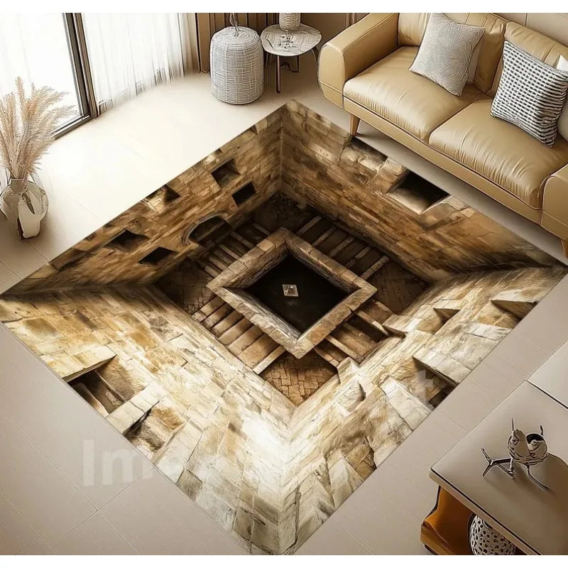 3D Abyss optical illusion rug by Corporación Turística, infinite design, washable, rectangular, black and white pattern.