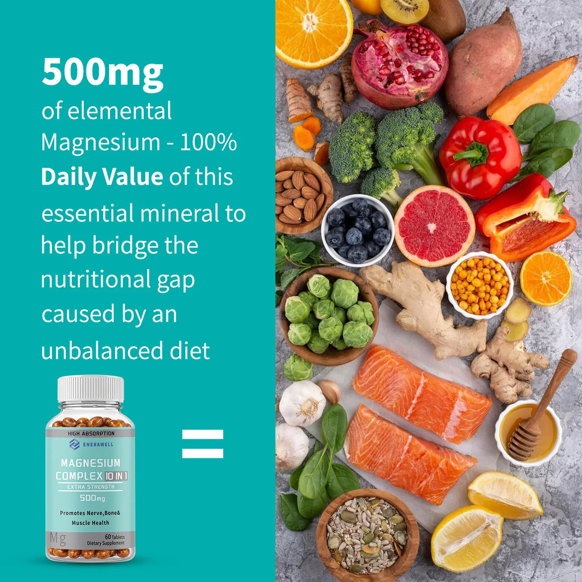 Two bottles of Corporación Turística Magnesio 10 en 1 complex capsules, dietary supplement for wellness, 60 capsules per bottle.